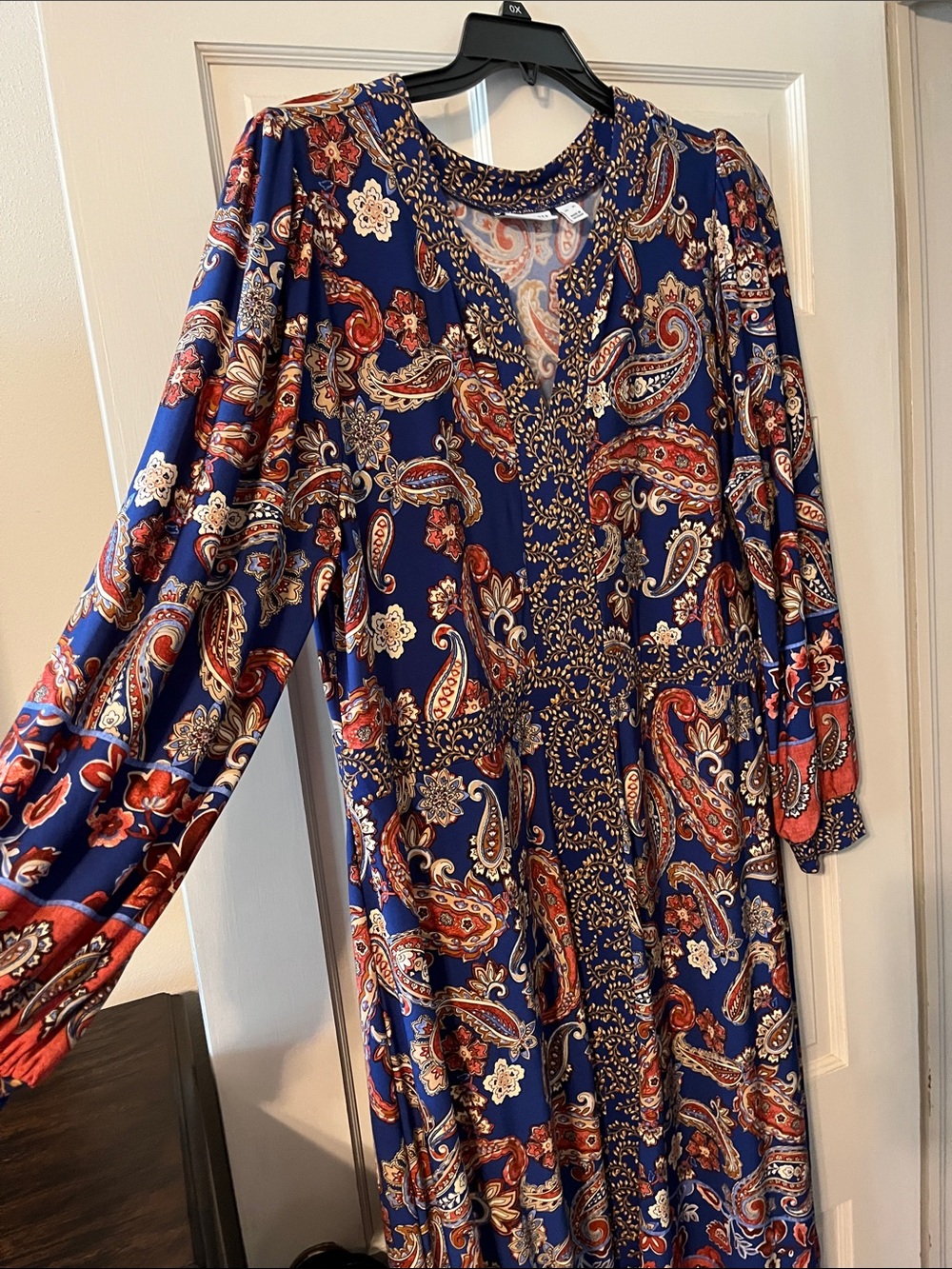 Susan Graver Blue and Coral Paisley Long Sleeve Midi Dress XL